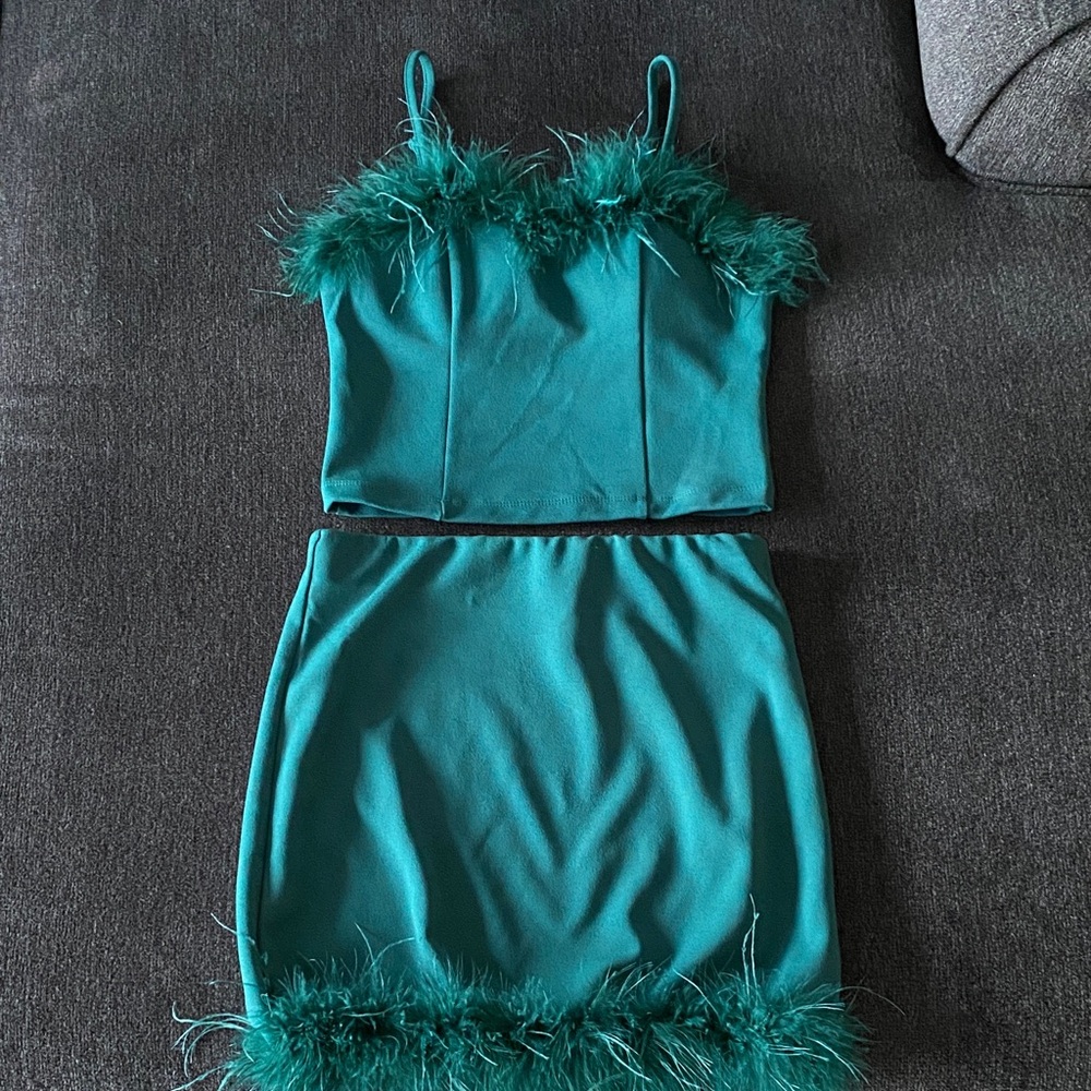 Teal Feather-Trimmed Set- Size S US